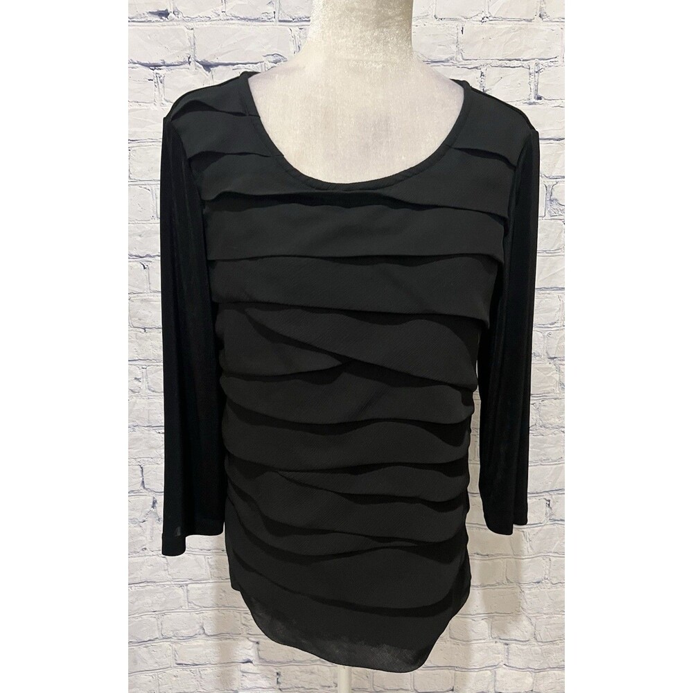 CHICO'S TRAVELERS Black Scoop Neck Top w Front Polyester Crepe Ruffles 2/L/12